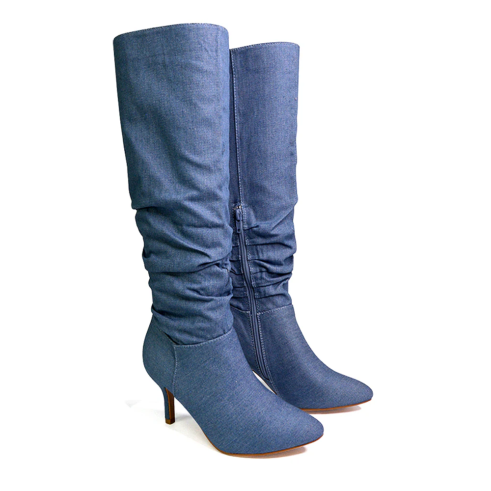 Sian Pointed Toe Knee High Ruched Stiletto High Heeled Long Boots in Black Faux Suede - Image 22
