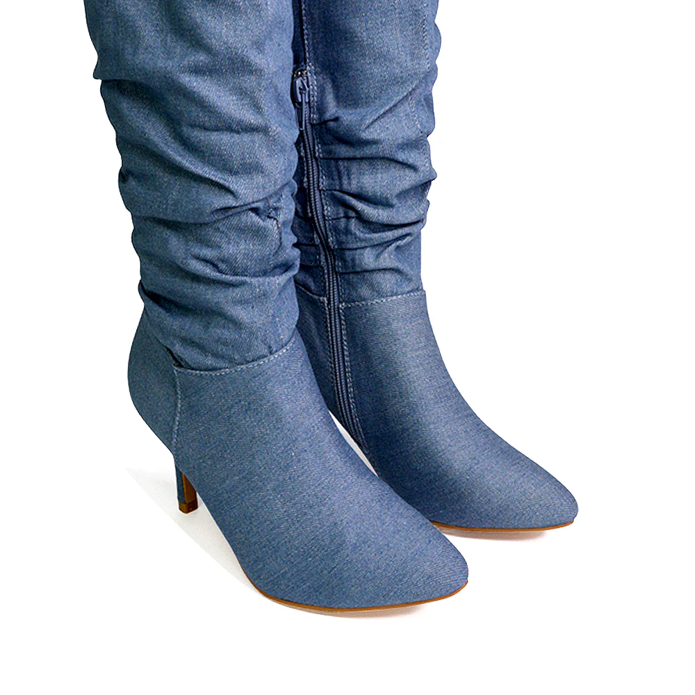 Sian Pointed Toe Knee High Ruched Stiletto High Heeled Long Boots in Black Faux Suede - Image 28