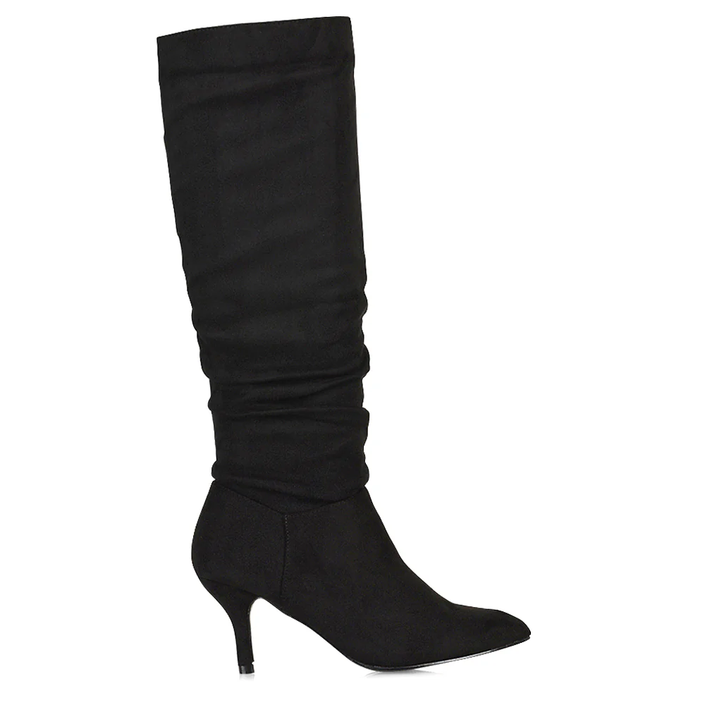 Sian Pointed Toe Knee High Ruched Stiletto High Heeled Long Boots in Black Faux Suede - Image 3