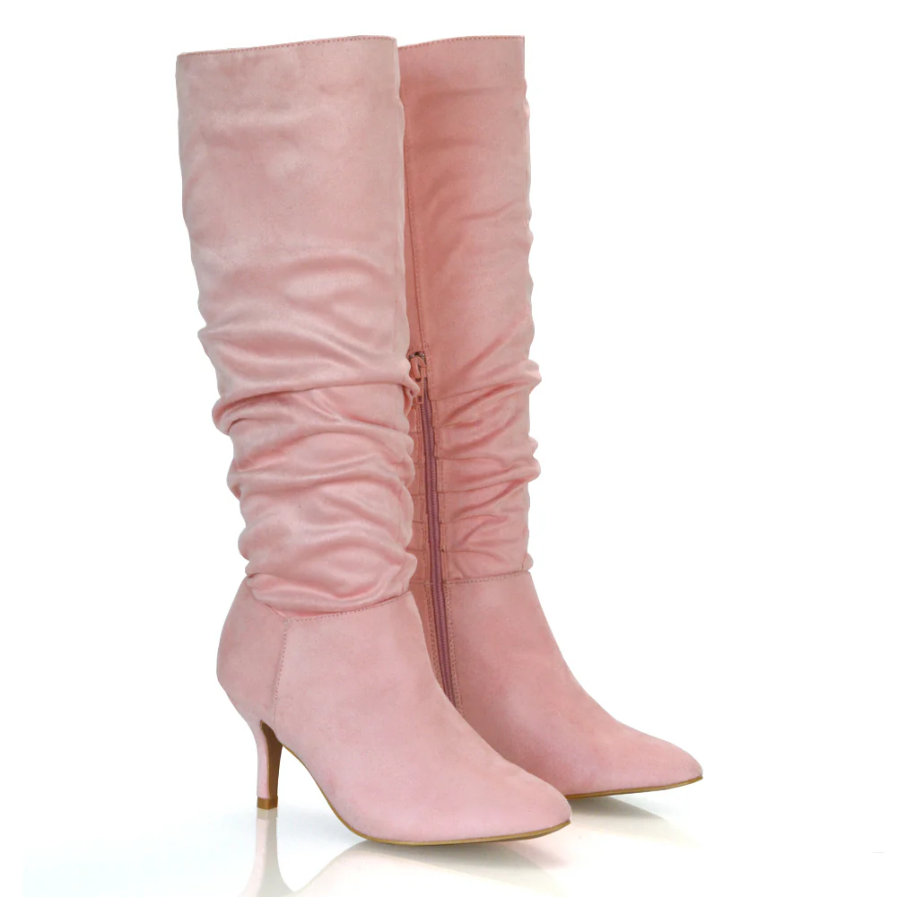 Sian Pointed Toe Knee High Ruched Stiletto High Heeled Long Boots in Black Faux Suede - Image 59