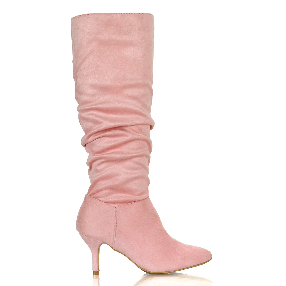 Sian Pointed Toe Knee High Ruched Stiletto High Heeled Long Boots in Black Faux Suede - Image 61