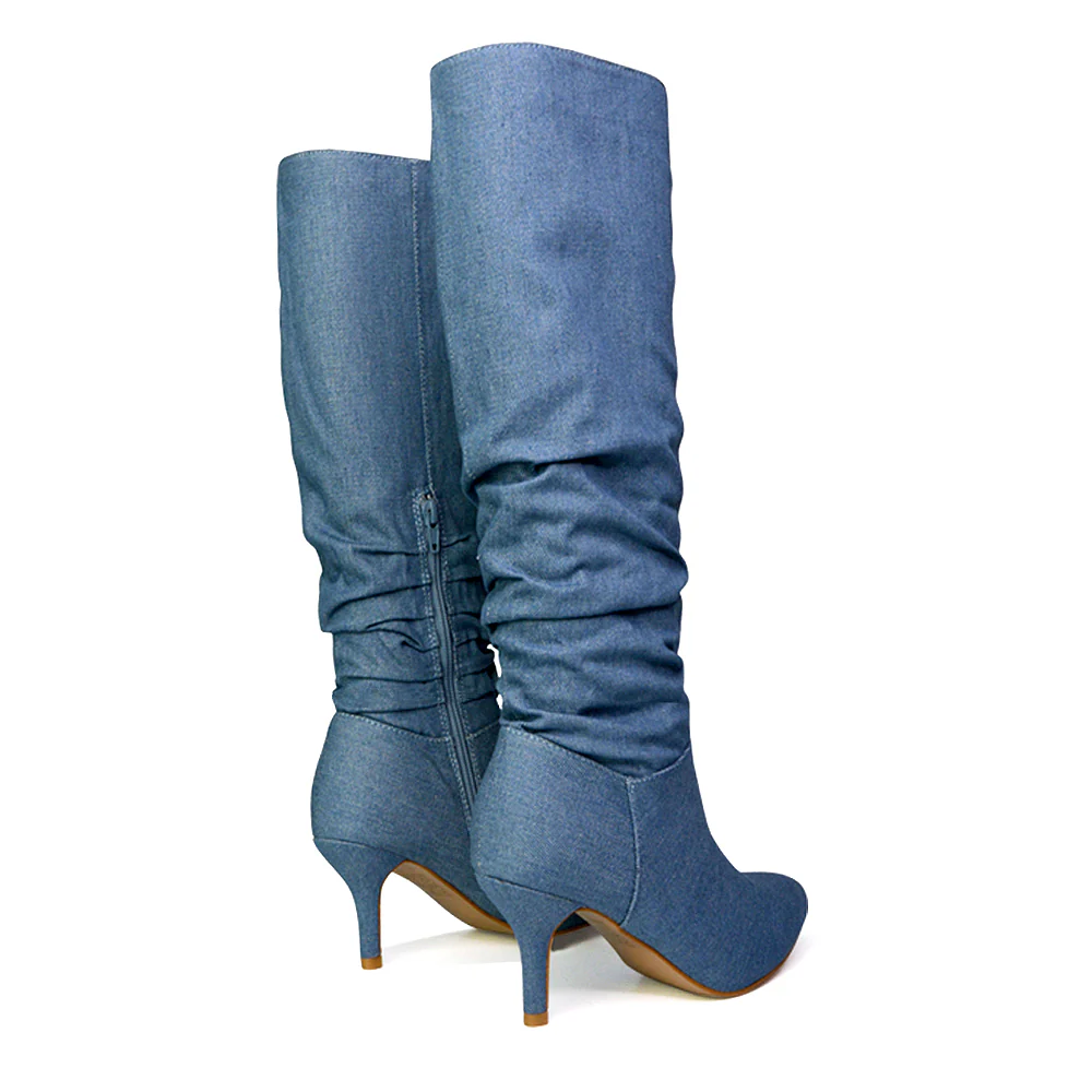 Sian Pointed Toe Knee High Ruched Stiletto High Heeled Boots in Black PU - Image 25
