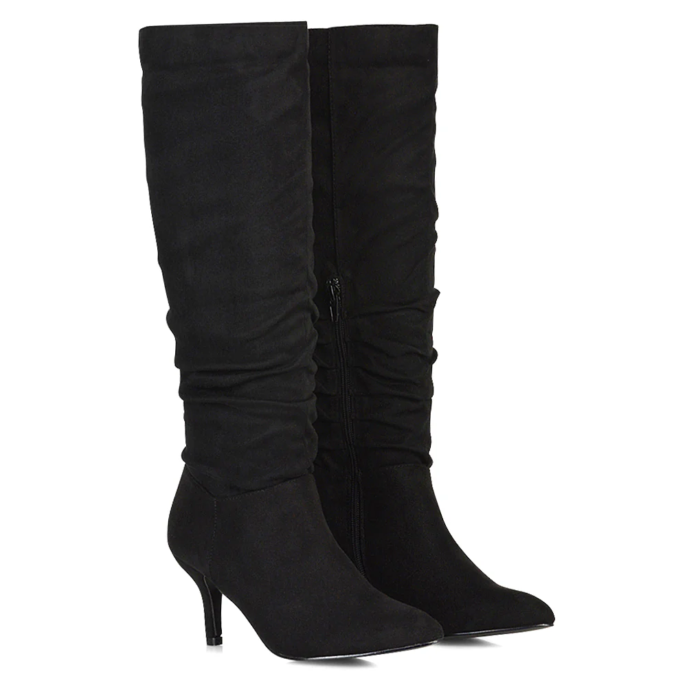 Sian Pointed Toe Knee High Ruched Stiletto High Heeled Metallic Boots in Silver - Image 115