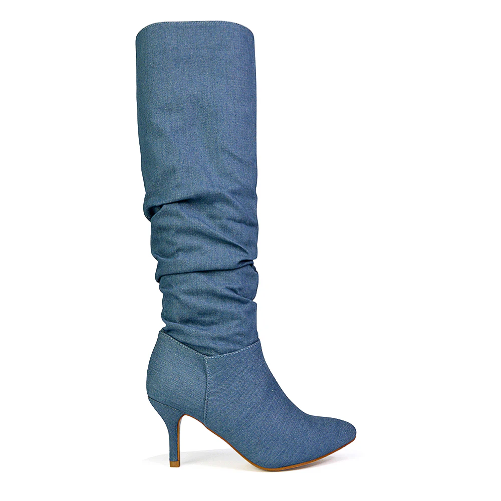 Sian Pointed Toe Knee High Ruched Stiletto High Heeled Metallic Boots in Silver - Image 20