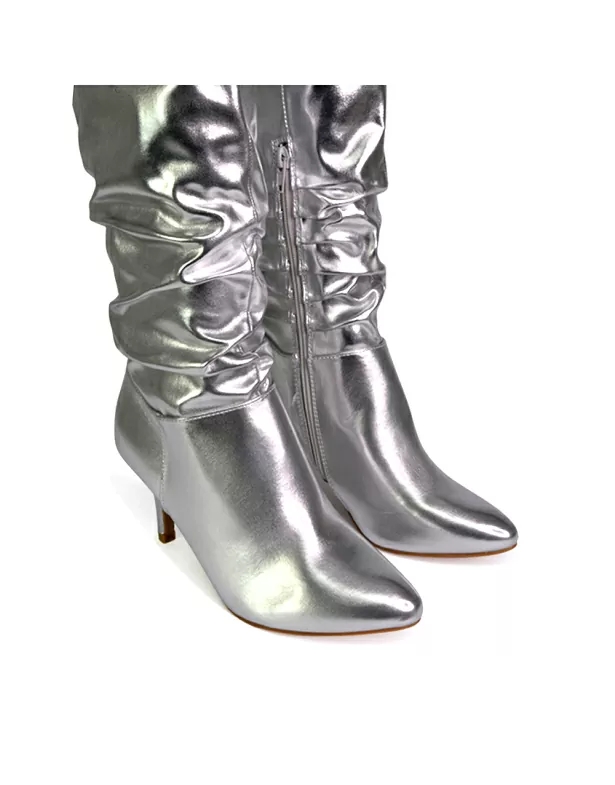 Sian Pointed Toe Knee High Ruched Stiletto High Heeled Metallic Boots in Silver - Image 3
