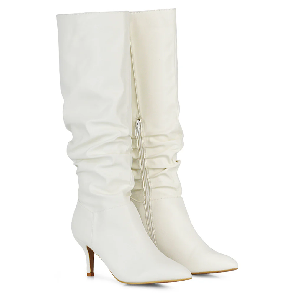 Sian Pointed Toe Knee High Ruched Stiletto High Heeled Metallic Boots in Silver - Image 48