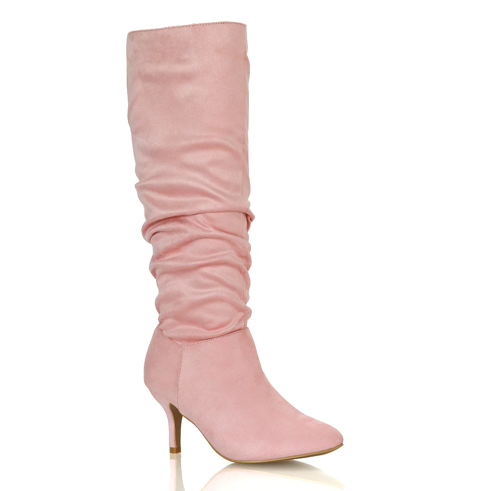 Sian Pointed Toe Knee High Ruched Stiletto High Heeled Metallic Boots in Silver - Image 73