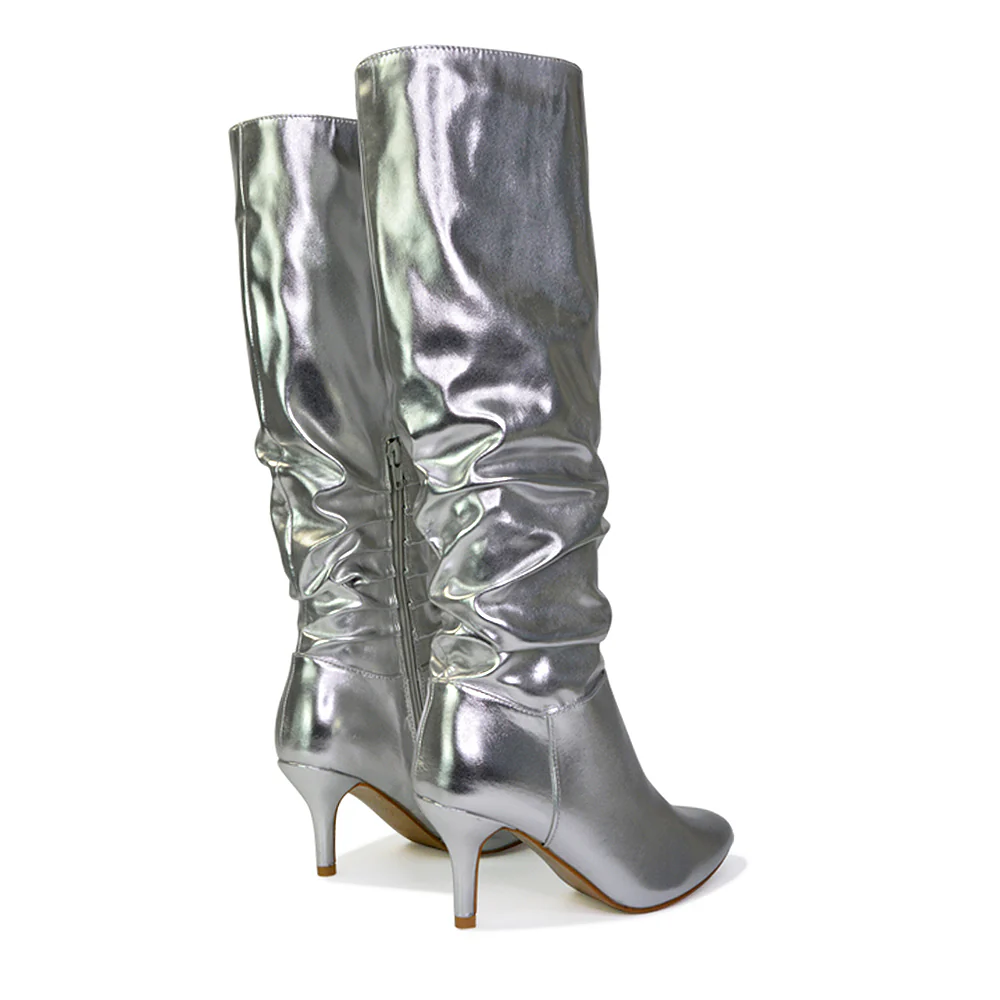 Sian Pointed Toe Knee High Ruched Stiletto High Heeled Metallic Boots in Silver - Image 85