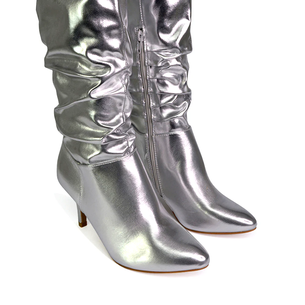 Sian Pointed Toe Knee High Ruched Stiletto High Heeled Metallic Boots in Silver - Image 97