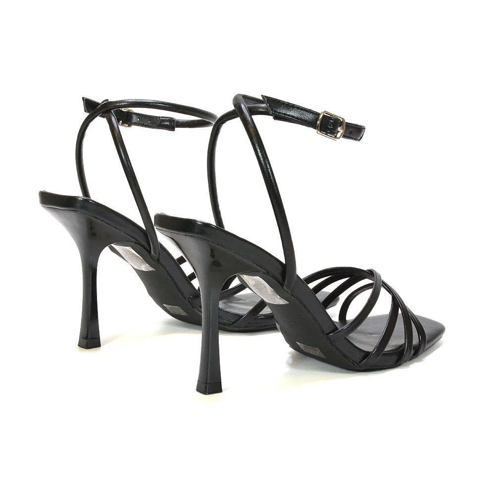 Simone Strappy Stiletto Heeled Sandals With Square Toe in Black Synthetic Leather - Image 4
