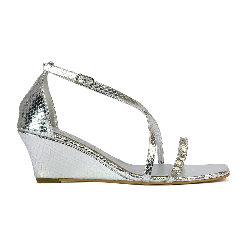Sky Strappy Square Toe Patterned Diamante Wedge Heel Sandals in Black - Image 13