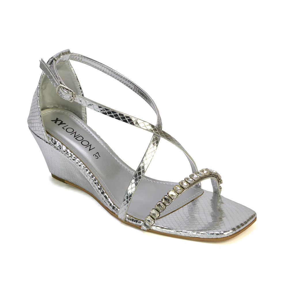 Sky Strappy Square Toe Patterned Diamante Wedge Heel Sandals in Black - Image 32