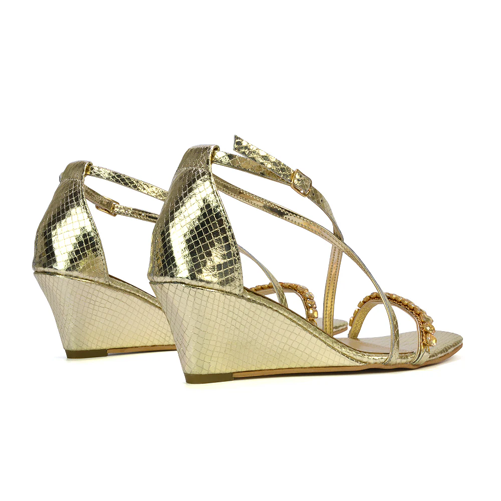 Sky Strappy Square Toe Patterned Diamante Wedge Heel Sandals in Black - Image 45