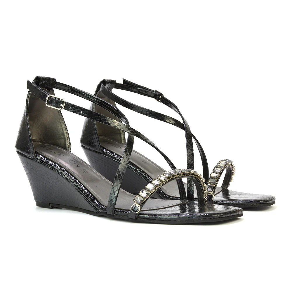 Sky Strappy Square Toe Patterned Diamante Wedge Heel Sandals in Black - Image 86