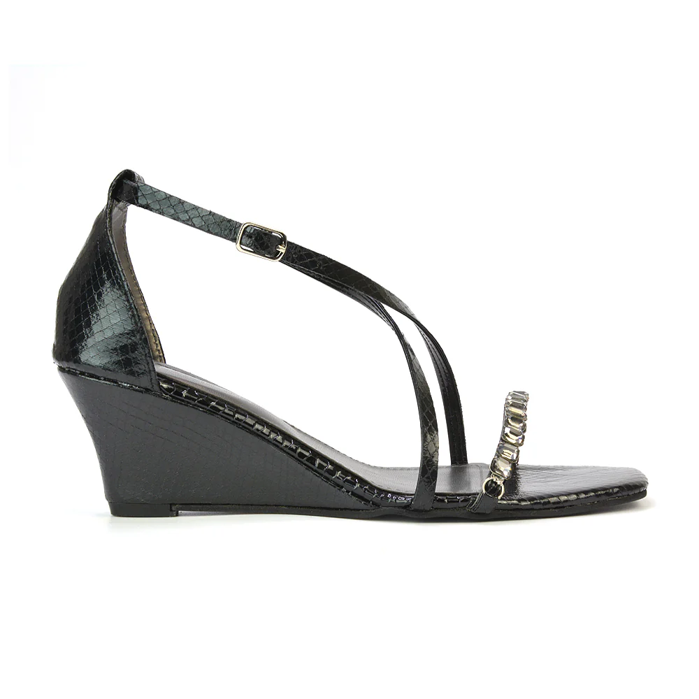 Sky Strappy Square Toe Patterned Diamante Wedge Heel Sandals in Black - Image 88