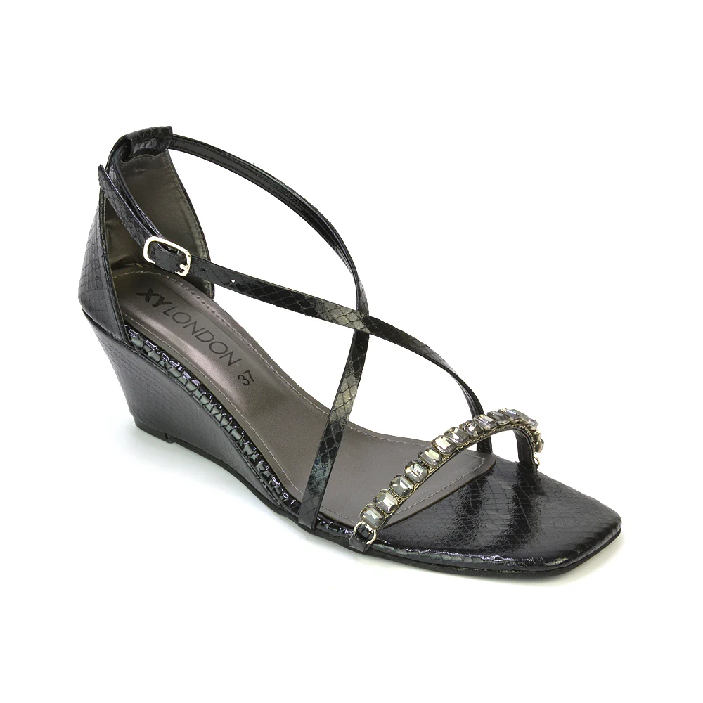 Sky Strappy Square Toe Patterned Diamante Wedge Heel Sandals in Black - Image 92