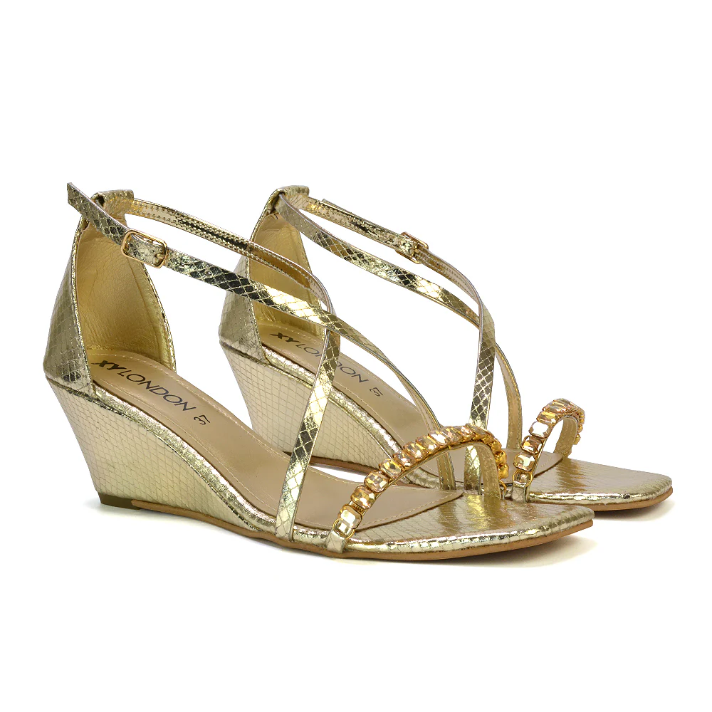 Sky Strappy Square Toe Patterned Diamante Wedge Heel Sandals in Gold - Image 41