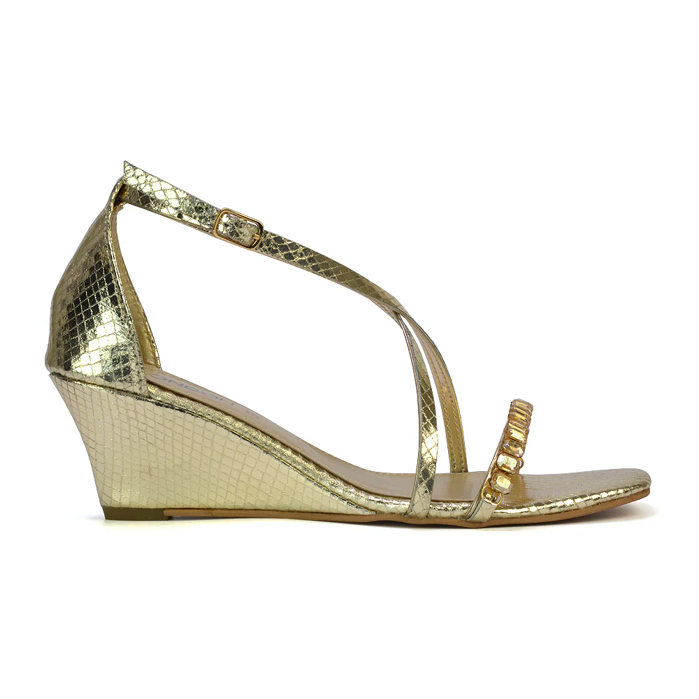 Sky Strappy Square Toe Patterned Diamante Wedge Heel Sandals in Gold - Image 43