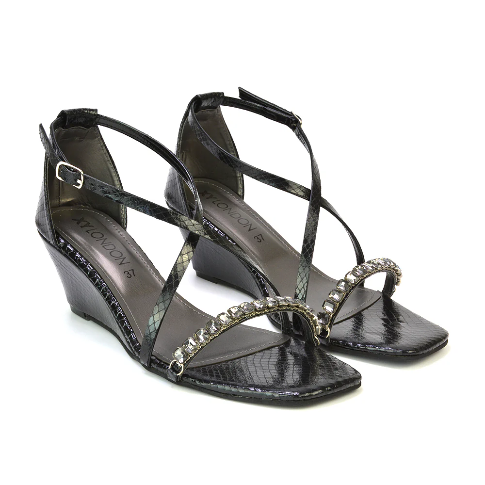 Sky Strappy Square Toe Patterned Diamante Wedge Heel Sandals in Silver - Image 69