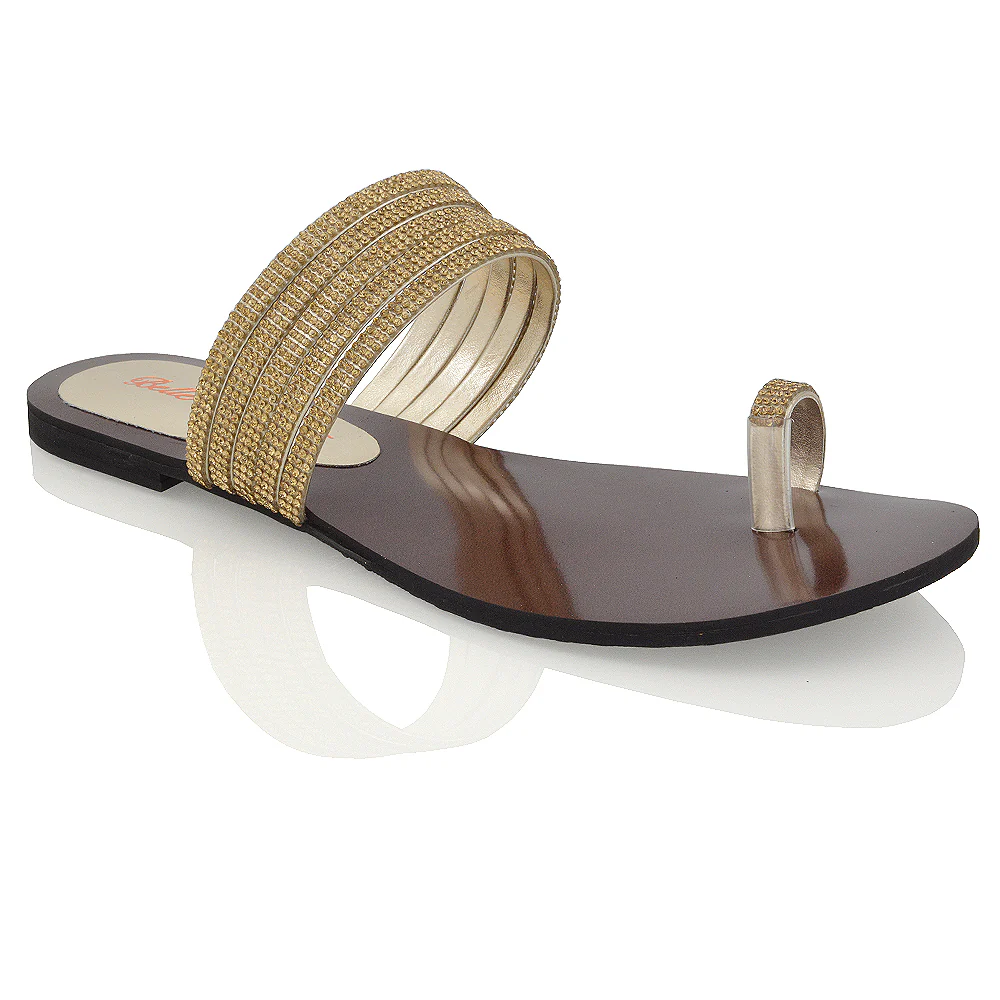 SKYE SLIP ON DAINTY SPARKLY STRAPPY TOE RING POST HIGH SHINE DIAMANTE FLAT SANDALS IN GOLD - Image 4