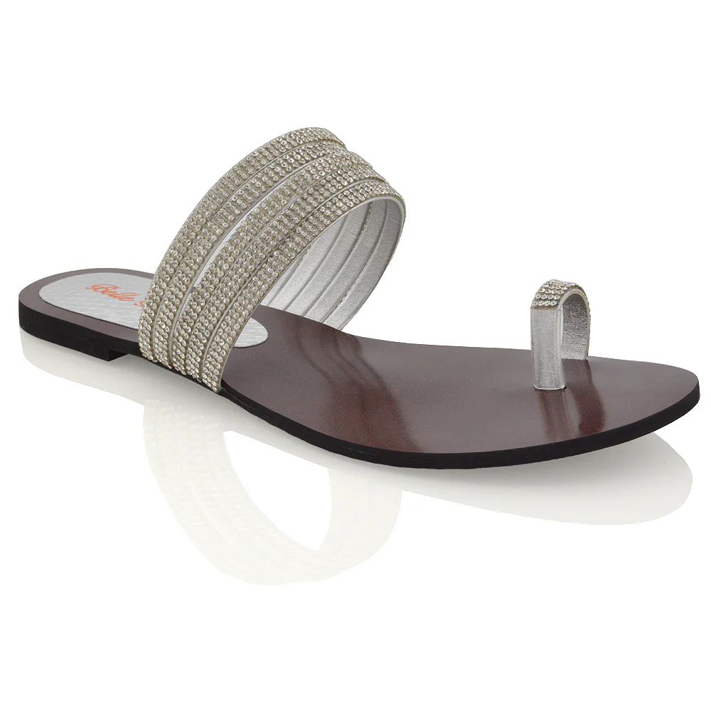 SKYE SLIP ON DAINTY SPARKLY STRAPPY TOE RING POST HIGH SHINE DIAMANTE FLAT SANDALS IN SILVER - Image 4