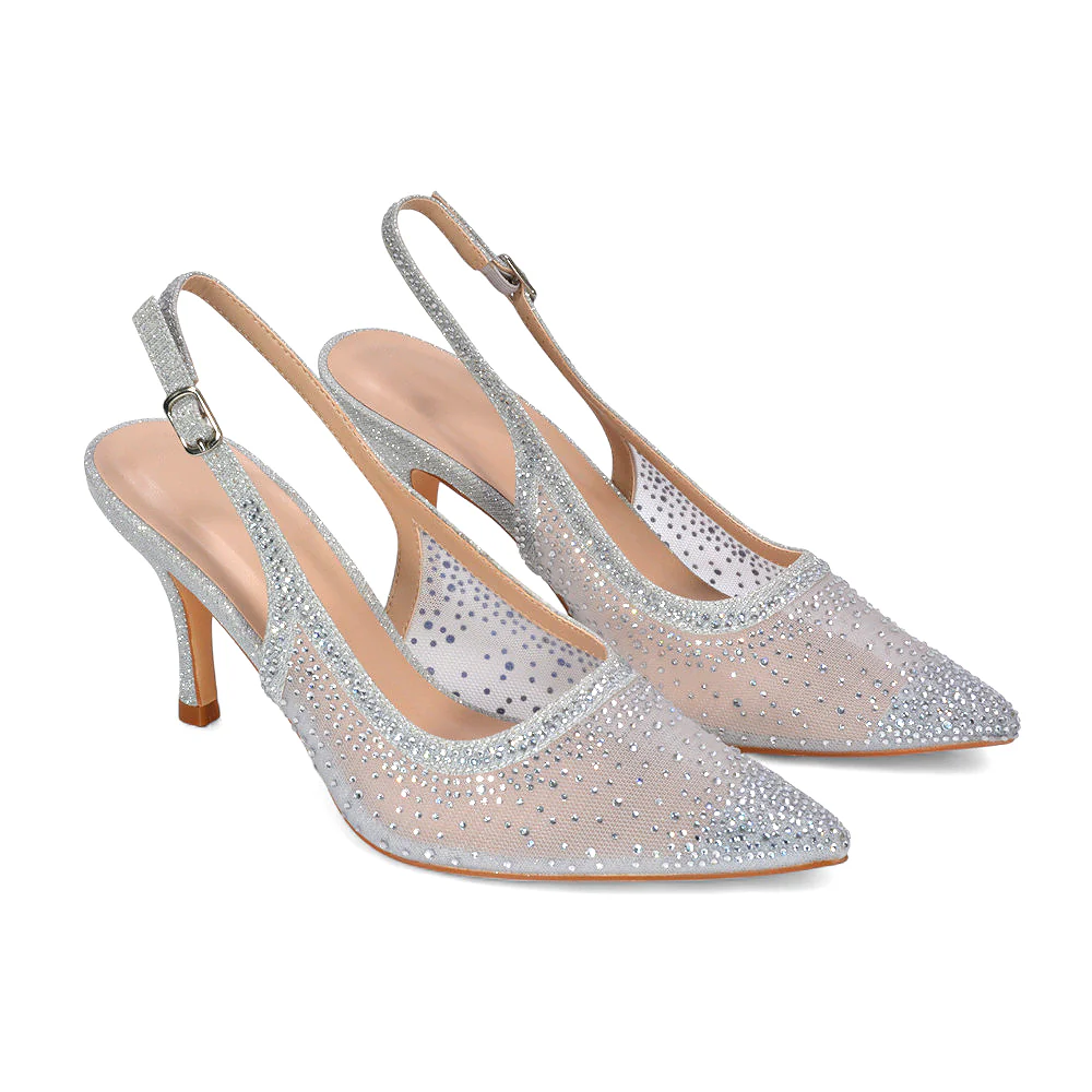 Skye Sparkly Mesh Stiletto Slingback Bridal Heel Court Shoes in Silver - Image 5