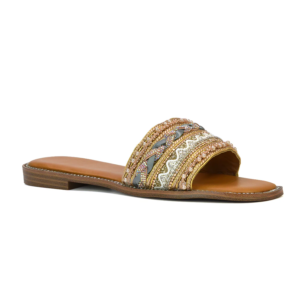Skyes Diamante Pattern Strap Square Toe Flat Sandal Sliders in Nude - Image 12