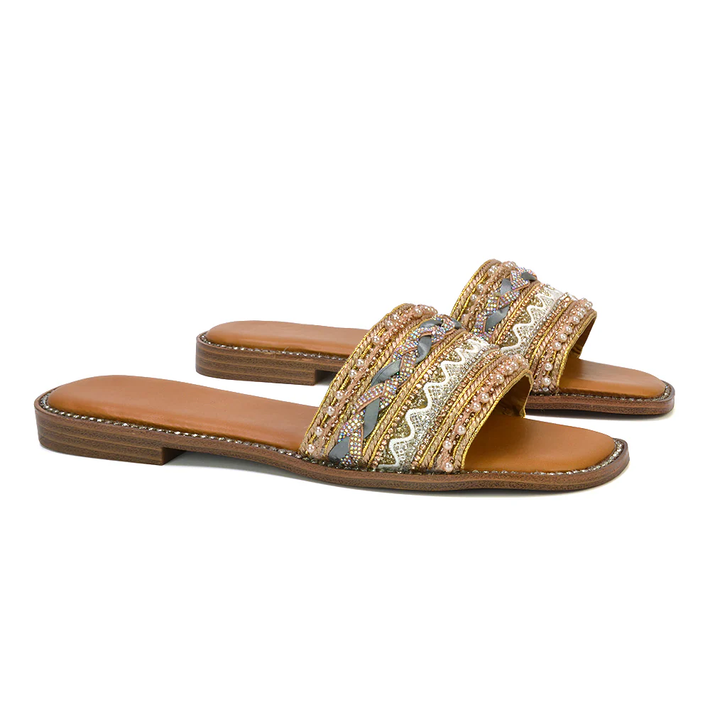 Skyes Diamante Pattern Strap Square Toe Flat Sandal Sliders in Nude - Image 16