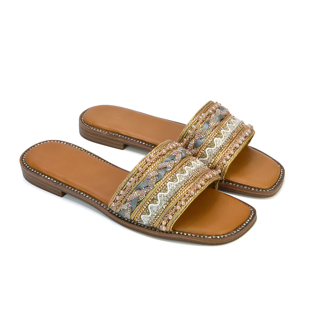 Skyes Diamante Pattern Strap Square Toe Flat Sandal Sliders in Nude - Image 24