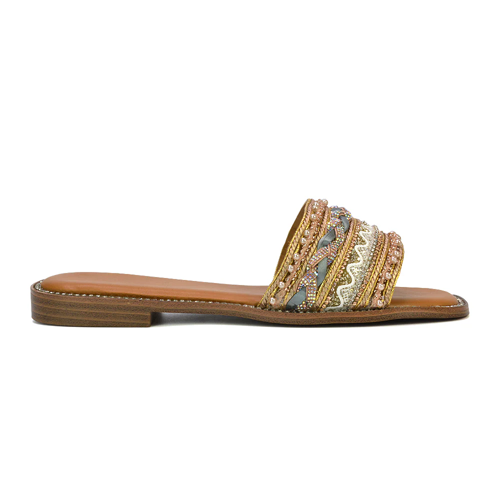 Skyes Diamante Pattern Strap Square Toe Flat Sandal Sliders in Nude - Image 28