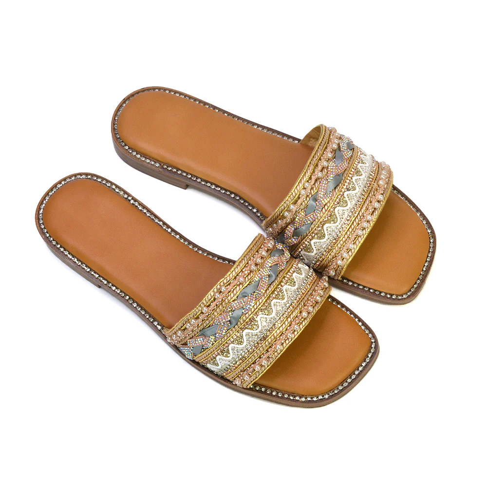Skyes Diamante Pattern Strap Square Toe Flat Sandal Sliders in Nude - Image 35