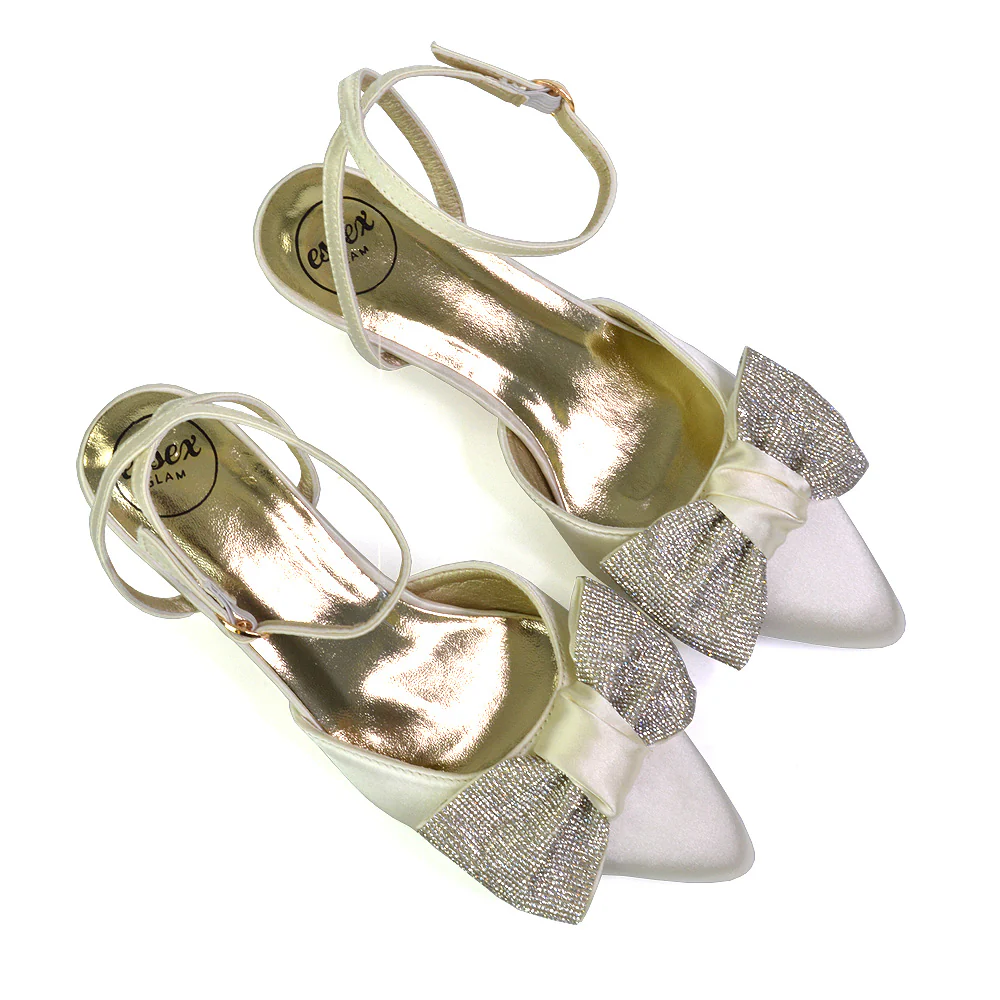 Solene Diamante Bow Pointed Toe Court Shoes Mid Stiletto Bridal Heels in Black - Image 49