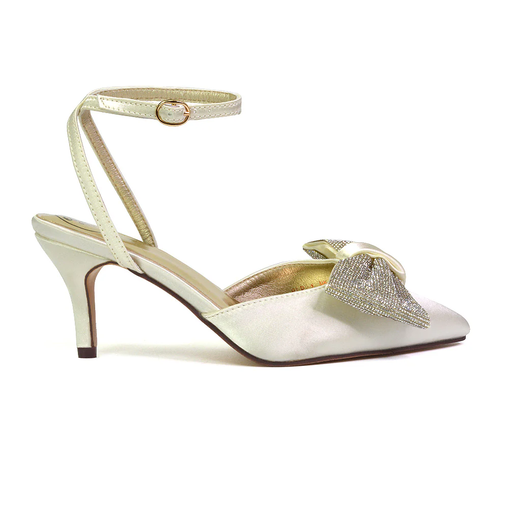 Solene Diamante Bow Pointed Toe Court Shoes Mid Stiletto Bridal Heels in Black - Image 59