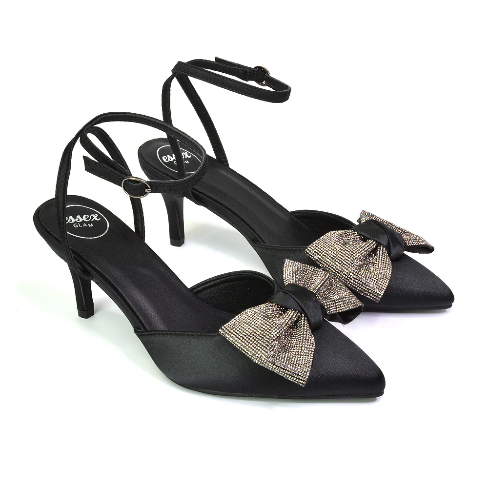 Solene Diamante Bow  Pointed Toe Court Shoes Mid Stiletto Bridal Heels in Ivory - Image 107