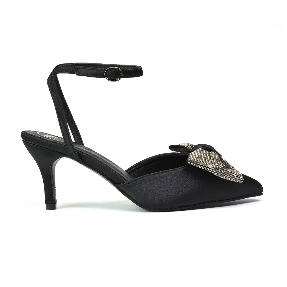 Solene Diamante Bow  Pointed Toe Court Shoes Mid Stiletto Bridal Heels in Navy - Image 123
