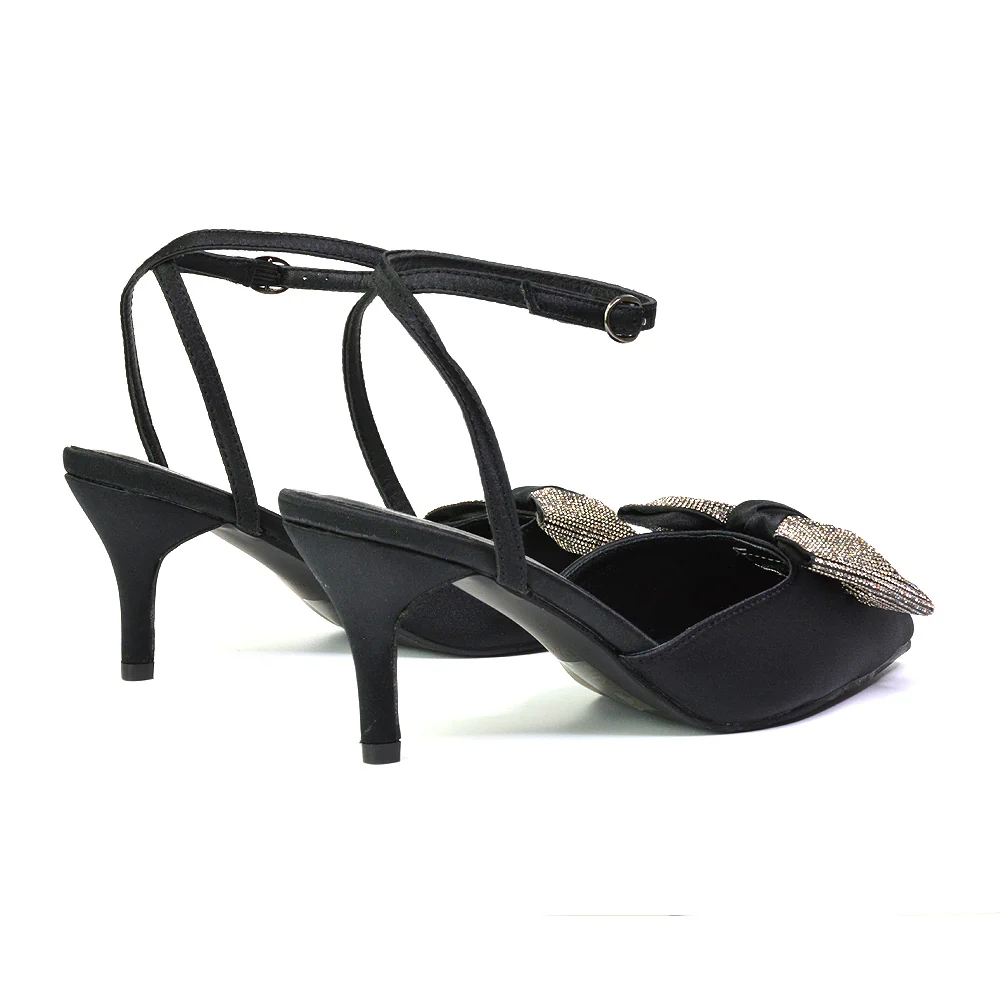 Solene Diamante Bow  Pointed Toe Court Shoes Mid Stiletto Bridal Heels in Silver - Image 117