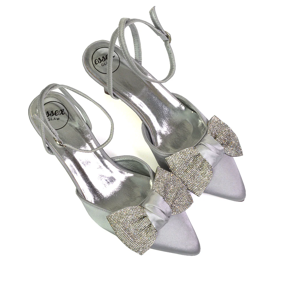 Solene Diamante Bow  Pointed Toe Court Shoes Mid Stiletto Bridal Heels in Silver - Image 84