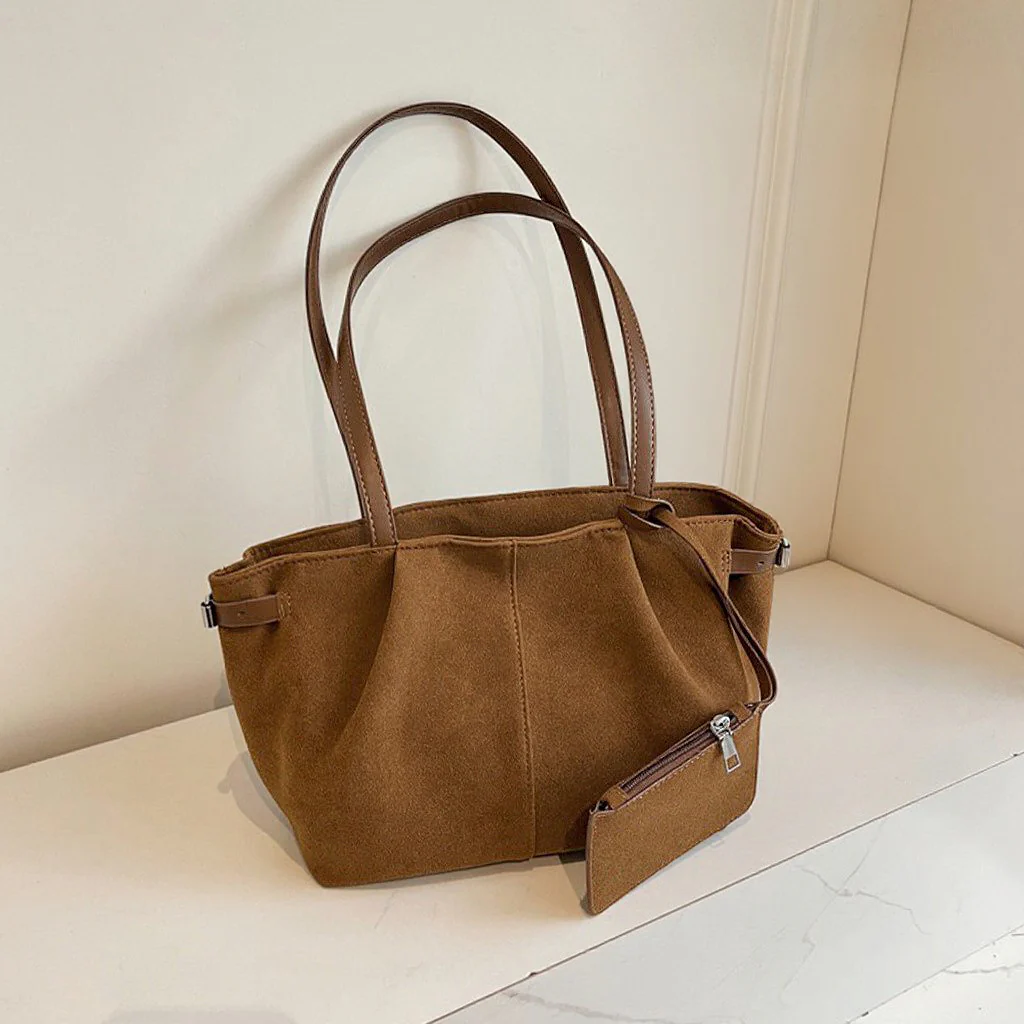 Sonny Elegant Shopper Tote Slouchy Handbag With Matching Pouch in Brown Faux Suede - Image 11