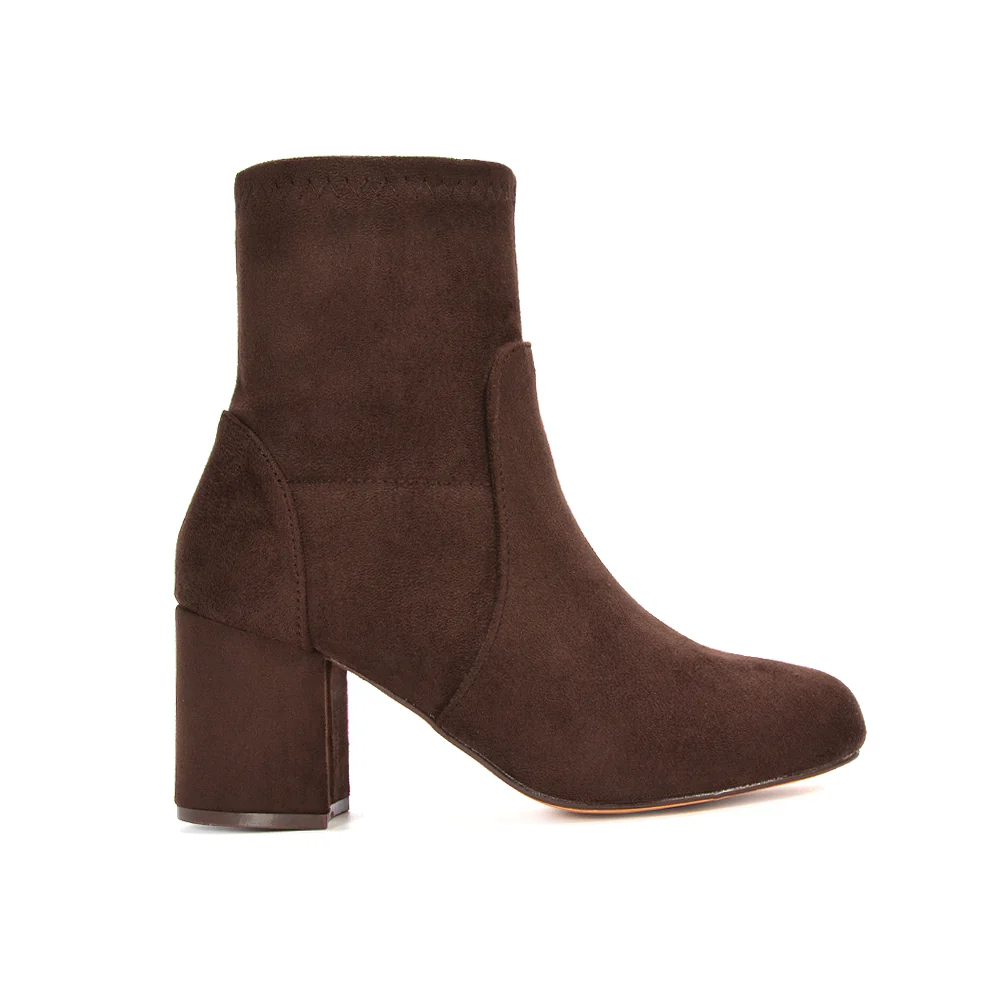 Sophie Block Heel Stretchy Sock Ankle Boots in Brown Faux Suede