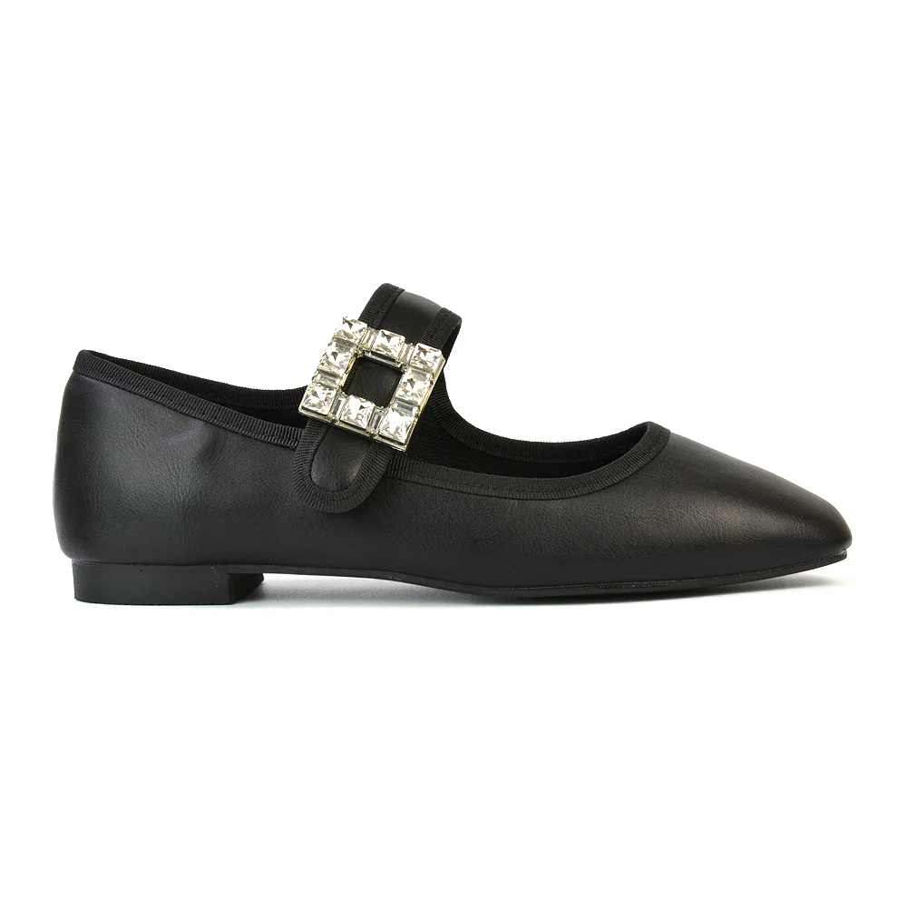 Stan Diamante Buckle Strap Mary Jane Flat Bridal Ballerina Pumps in Black Synthetic Leather - Image 36