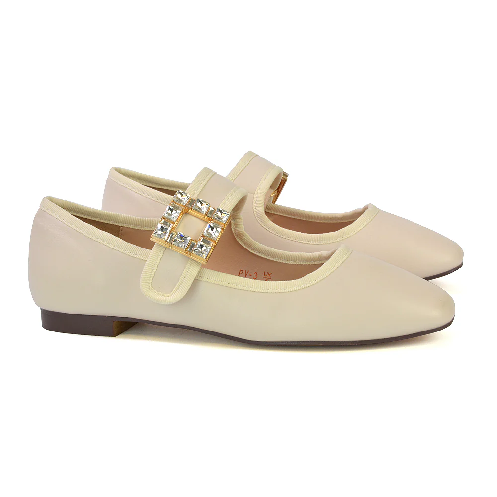 Stan Diamante Buckle Strap Mary Jane Flat Bridal Ballerina Pumps in Black Synthetic Leather - Image 53