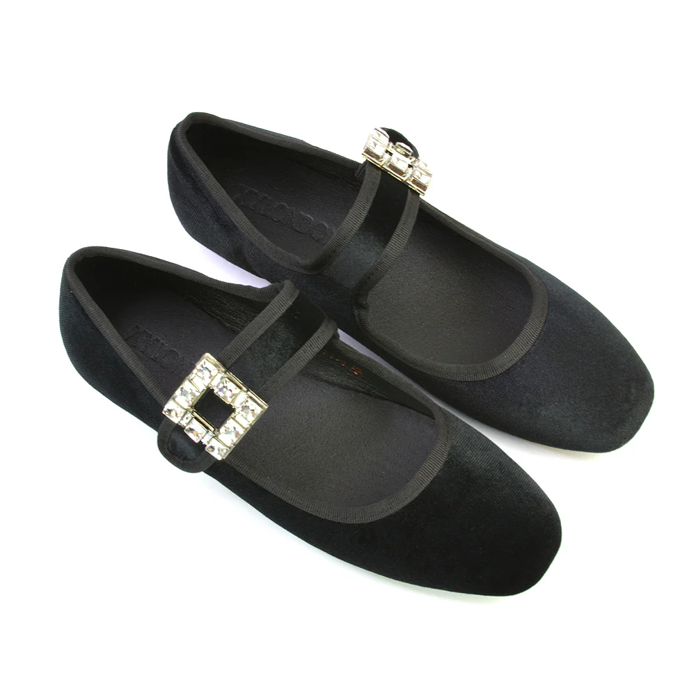 Stan Diamante Buckle Strap Mary Jane Flat Bridal Ballerina Pumps in Black Synthetic Leather - Image 92