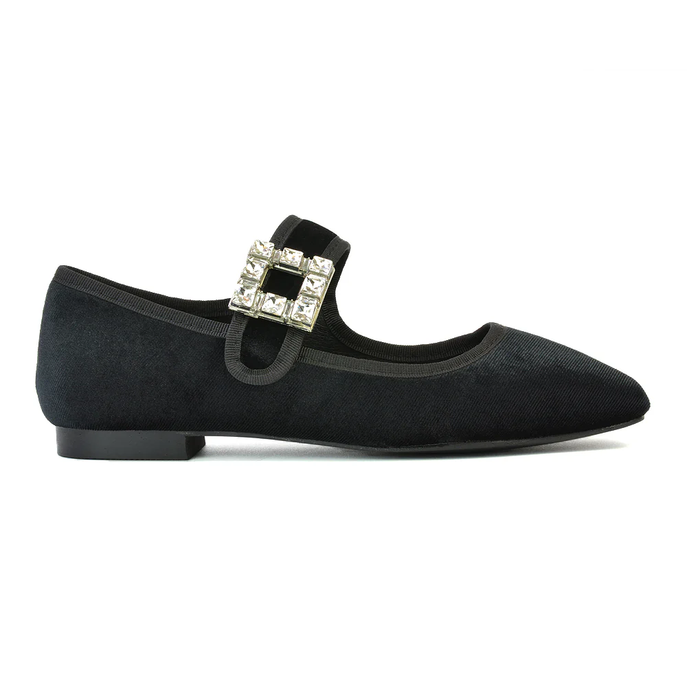 Stan Diamante Buckle Strap Mary Jane Flat Bridal Ballerina Pumps in Black Velvet - Image 75