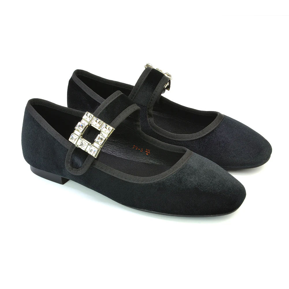 Stan Diamante Buckle Strap Mary Jane Flat Bridal Ballerina Pumps in Black Velvet - Image 94