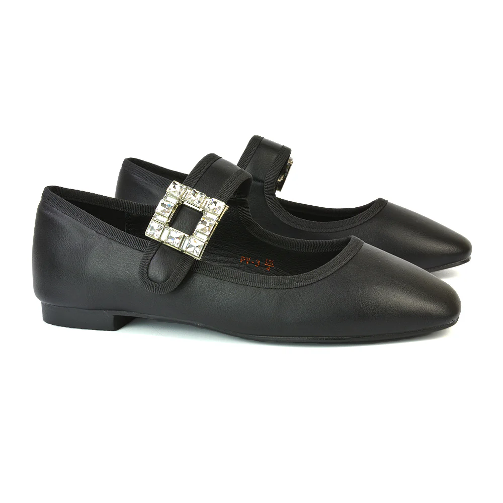 Stan Diamante Buckle Strap Mary Jane Flat Bridal Ballerina Pumps in Nude Synthetic Leather - Image 27