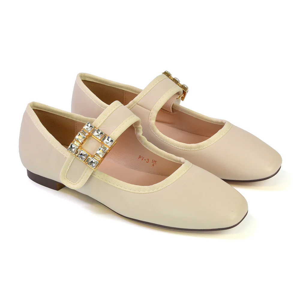 Stan Diamante Buckle Strap Mary Jane Flat Bridal Ballerina Pumps in Nude Synthetic Leather - Image 51