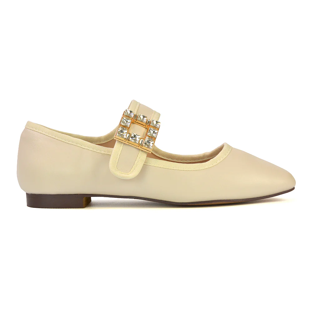 Stan Diamante Buckle Strap Mary Jane Flat Bridal Ballerina Pumps in Nude Synthetic Leather - Image 54
