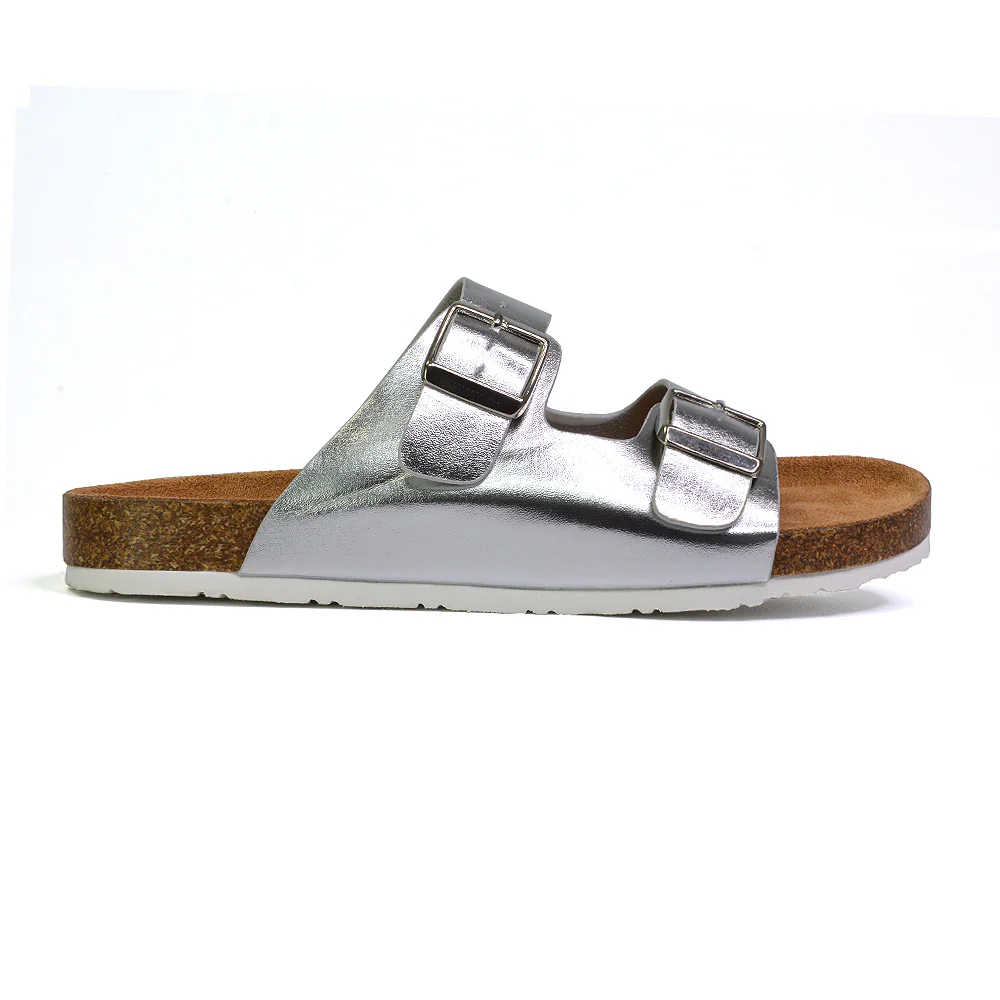 Star Double Buckle Strap Flat Slider Casual Footbed Summer Mule Holiday Sandals in Black Patent - Image 123
