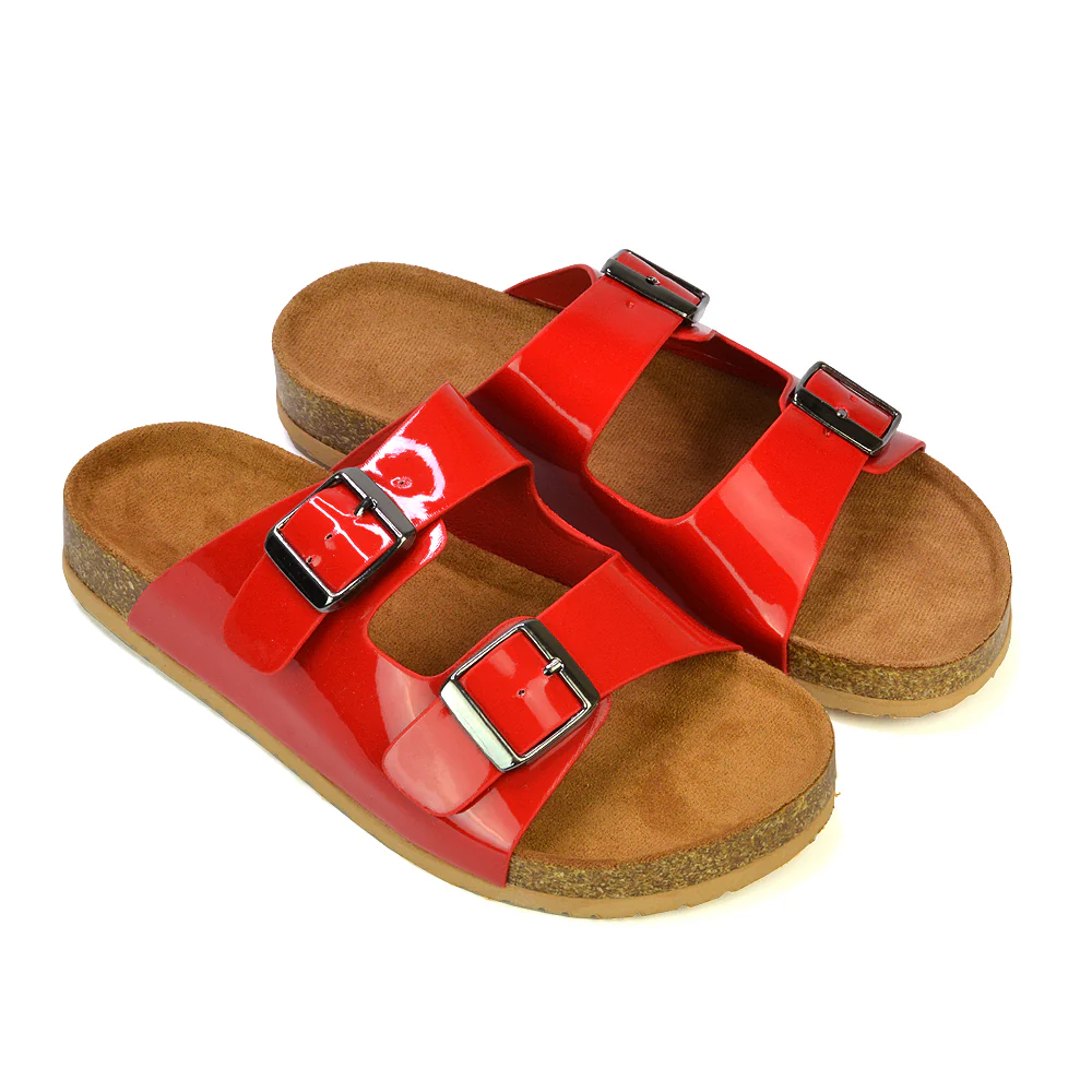 Star Double Buckle Strap Flat Slider Casual Footbed Summer Mule Holiday Sandals in Black Patent - Image 15