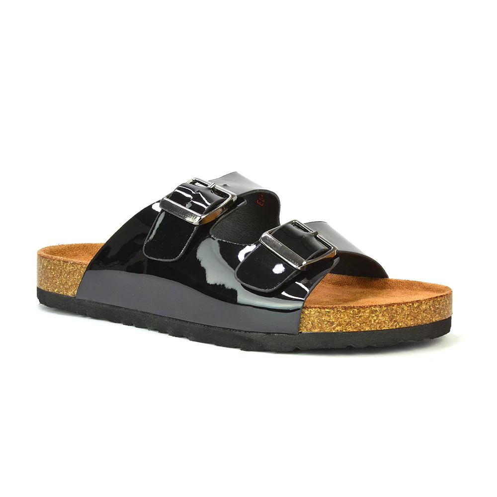 Star Double Buckle Strap Flat Slider Casual Footbed Summer Mule Holiday Sandals in Black Patent - Image 187